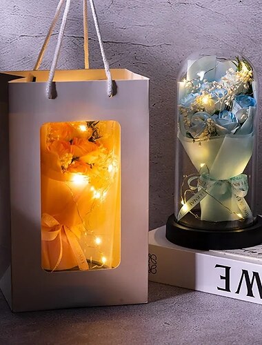  El ramo de rosas eternas, regalo para mamá, flores de jabón preservadas en cúpula de vidrio con luz, decoración de cumpleaños del día de la madre para mujeres