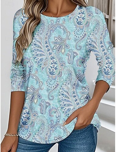  Damen T Shirt Blumen Grafik Paisley-Muster Vintage Stilvoll Klassisch Langarm Rundhalsausschnitt Normale Oberteile Täglich Wochenende Druck Rosa Blau Purpur Sommer