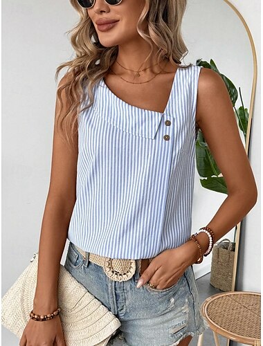  Damen Camisole-Tanktop Gestreift Täglich Lässig Ärmellos Träger Normale Oberteile Täglich Knöpfe Druck Schwarz Grün Aprikose Leicht Blau Sommer