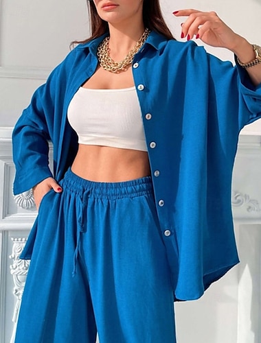  Damen Mode Basic Hemd Baumwoll-Leinen-Hemden Bluse Langarm V Ausschnitt Einfarbig Dubbele Rij Knopen Outdoor Urlaub Schwarz Dunkelpink Blau Sommer Normale Passform