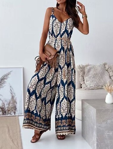  Mulheres Normal Macacão Roupa de rua Floral Sem Manga Decote V Imprimir Rua Diário Normal Azul Marinha Azul Damasco Verão