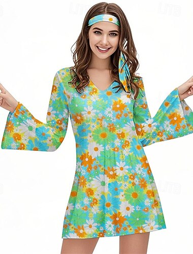  Retro Vintage 1970er Groovy Kleid Stirnband Hippie Disco Blumen Damen Halloween Karneval Urlaub Musikfestival Festival Erwachsene Kleid Stirnband