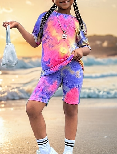  2-delig Kinderen Voor meisjes Tie Dye Ronde hals T-shirt & shorts reeks Korte mouw Modieus Buiten 4 jaar + Zomer Blozend Roze Groen