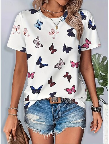  Per donna Maglietta Grafico Animale Farfalla Vintage Elegante Classico Manica Corta Girocollo Top Regolari Quotidiano Weekend Stampato Bianco Estate Primavera