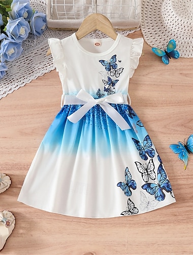  Kinder Mädchen Kleid Blumenkleid Schmetterling Ärmellos Outdoor Lässig Knotenbinde Mode Niedlich Polyester Knielang Freizeitkleid A Linie Kleid Sommer Frühling Ab 4 Jahren Blau