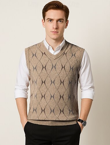  Herr Tröja väst Sticka Geometrisk V-hals Smart Casual Formell Semester Kläder Vår Höst Vin Mörkgrön S M L
