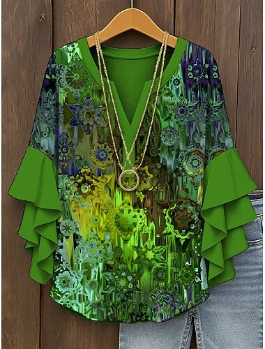  Vrouwen Retro Blouse Gelaagde Ruffle Mouw Tops Vintage Graphic Abstract Bohemia Vintage Dagelijkse 3/4 Lange Mouw V-Hals Reguliere Tops Dagelijkse Vakantie Kleding Print Rood Blauw Paars Groen Zomer