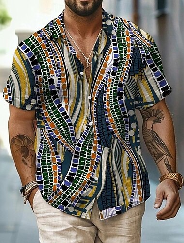  Homme Géométrique Ethique / Africain Chemise Chemise Boutonnée Manche Courte Vintage Rétro Vacances Tenue Quotidienne Tenue de plage Été Printemps Col Rabattu Impression 3D Chemise en lin Bleu Kaki