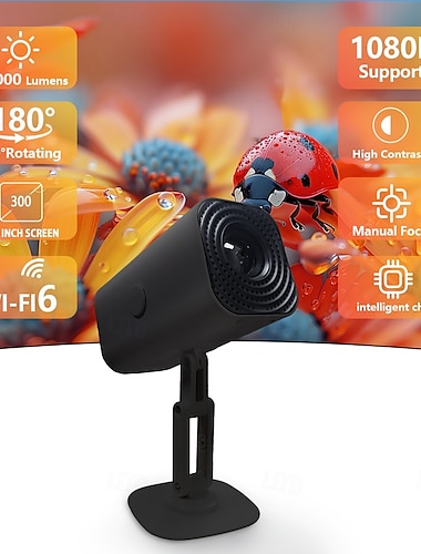  mini smart projector 30000 lumen, 1080p-ondersteuning, 300" scherm, 180° rotatie, handmatige focus, hoog contrast, intelligente chip voor gaming