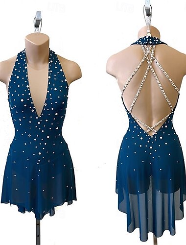  Eiskunstlaufkleid Damen Mädchen Eislaufen Kleid Wasserblau Patchwork Offener Rücken Netzstoff Hohe Elastizität Training Wettbewerb Eiskunstlaufkleidung Klassisch Kristall / Strass Ärmellos Eislaufen