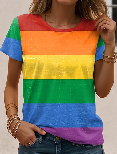  LGBT-Pride-Parade Stolz Regenbogen Damen T-Shirt Florale Grafik Regenbogen Vintage Stylisch Klassisch Kurze Ärmel Rundhalsausschnitt Reguläre Tops Täglicher Druck Pink Rot Blau Regenbogen Sommer