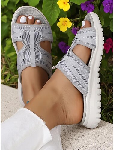  Damen-Sportsandalen aus Flyknit – leichte Slide-Sandalen aus grauem Mesh, flexible Sohle, perfekt für die Gartenarbeit und tägliche Spaziergänge