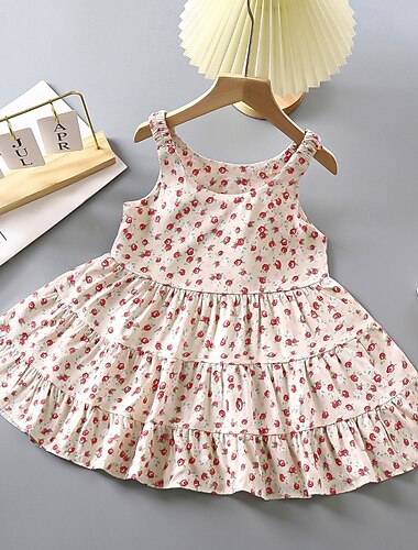  Kinder Mädchen Kleid Blume Ärmellos Outdoor Gerafft Niedlich Basic Baumwolle Knielang Freizeitkleid Blumenkleid Sommer Ab 4 Jahren Rosa Rote Königsblau