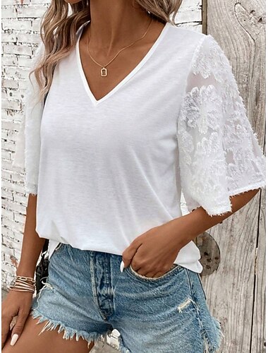  Blusa da donna con pizzo top a tinta unita elegante stilosa casual maniche a metà scollatura a V top regolari pizzo bianco estate