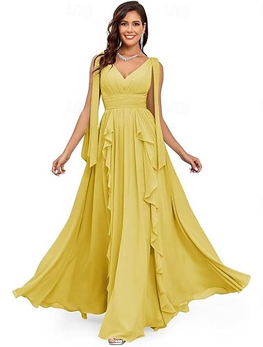  Sukienki A-Linia Quinceanera Elegancka Sukienka Występ Świąteczny Długości Podłogi Bez Rękawów V Neck Chiffon Bez Pleców Z Fałdami