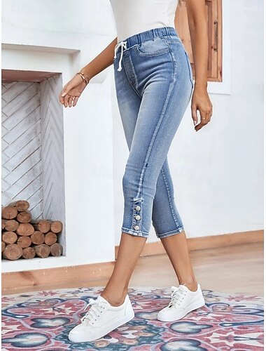  Women's Jeans Chinos Vacation Vintage Fashion Calf-Length High Waist Plain Pocket Comfy Soft Comfortable Stretchy Outdoor Street Light Blue Summer Regular Fit