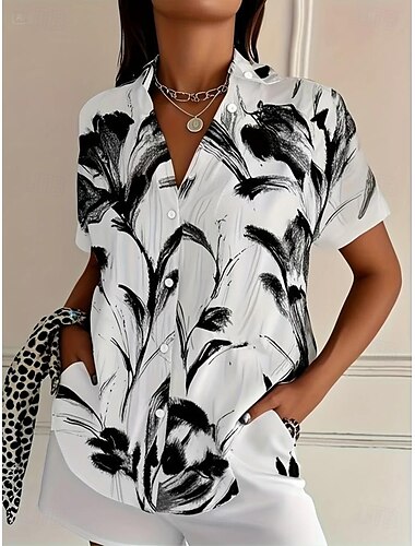  Damen Hemd Blumen Grafik Vintage Tropisch Täglich Kurzarm Hemdkragen Normale Oberteile Täglich Schwarz Rosa Königsblau Blau Purpur Sommer Frühling