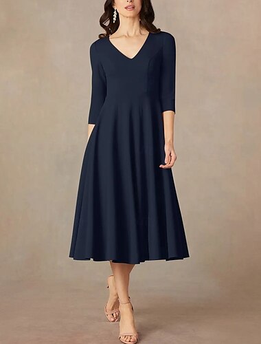  Linha A Vestido Para Mãe dos Noivos Convidado do casamento Elegante Minimalista Decote V Longuette Cetim italia Manga 3/4 com Pregueado 2025