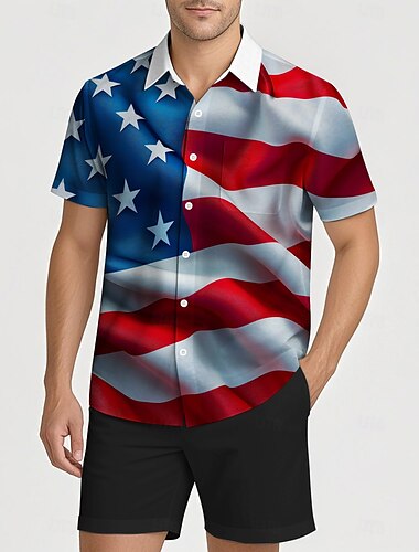  Unabhängigkeitstag 4. Juli USA Flagge Manga Hawaii-Hemden Zurück zur Schule USA Flagge Grafik Für Herren Erwachsene Maskerade 4. Juli 3D-Druck Festival