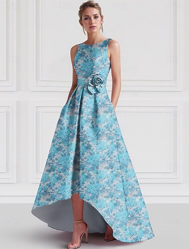  Jacquard A-Linje Cocktail Kjoler Elegant Kjole Formell Bryllup Asymmetrisk Uten ermer Crew Hals Nylon med Blomstertrykk Lomme Bryllupsgjest Kjole