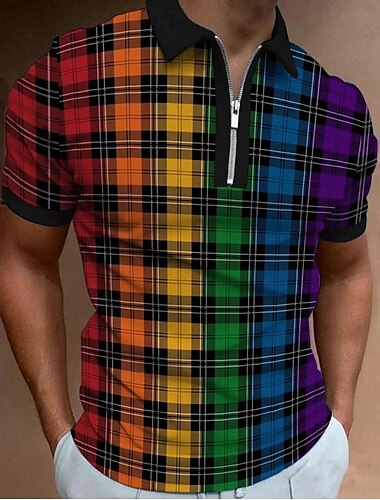  Per uomo Arcobaleno Graticolato LGBT Polo con zip Manica Corta Collo ripiegato Casual Quotidiano Di tendenza All'aperto Sport & Outdoor Abbigliamento Quotidiano Cerniera Estate Nero