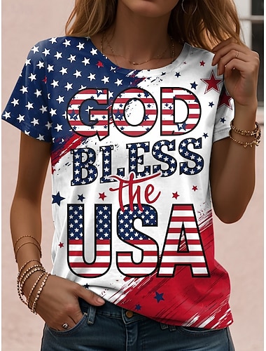  Självständighetsdagen Kvinna Patriotisk Fjärde Juli T Shirt Grafisk Flagga Vintage Avslappnad Kortärmad Crew Hals Regelbundna Toppar Dags Helgtryck Vit Röd Blå Dammblå Sommar Vår