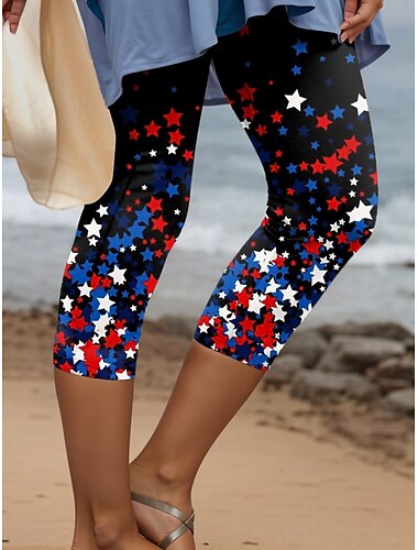  Unabhängigkeitstag Frauen Patriotische Vierte Juli Capri-Hosen Leggings Vintage Mode Lässig Wadenlange Hoch Taillenhose Grafische amerikanische Flagge Druck Atmungsaktiv Weich Dehnbar Urlaub