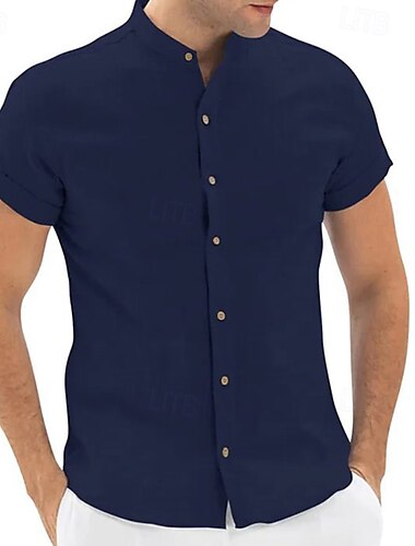  Men's Shirt Linen Shirt Band Collar Shirt Popover Shirt Summer Shirt Beach Wear Solid Color Vacation Street White Navy Blue Sky Blue Short Sleeve Mandarin Collar Summer Spring Clothing Apparel