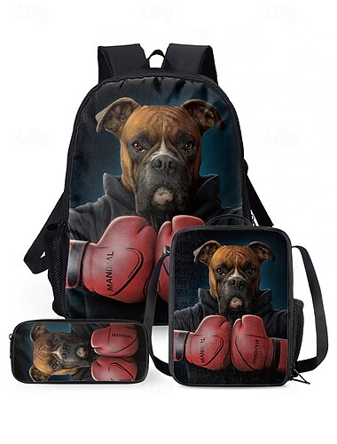  3-teiliges Rucksack-Set für Jungen mit coolem Hundekopfhörer-Aufdruck – stylische Schultasche, isolierte Lunchtasche und Federmäppchen für Grundschüler und den täglichen Gebrauch Vincent Hie