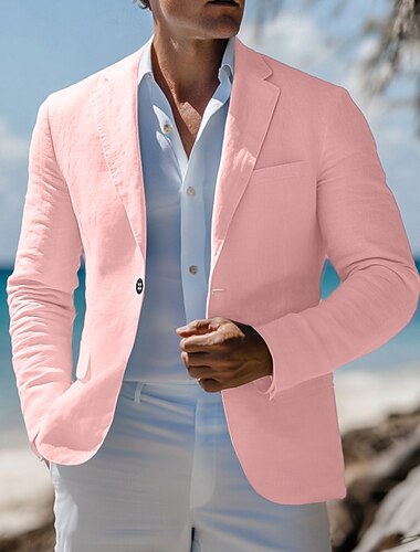  Herren Leinenblazer Sport Jacke Mode Lässig Einfarbig Blazer Meerblau Rosa Himmelblau Standard Passform Einreihig Ein-Knopf