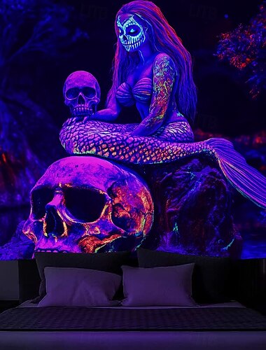  שטיח Halloween באור שחור זוהר בחושך מסיבת זוהר UV ריאקטיבית גולגולת נחש אישה מוזרה טריפית שטיח תלוי אומנות קיר קירול לסלון חדר שינה