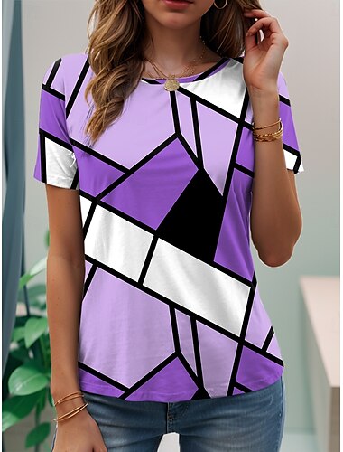  Women's T Shirt Graphic Geometric Stylish Casual Short Sleeve Crew Neck Regular Tops Daily Weekend Print Pink Blue Purple Green Summer Spring