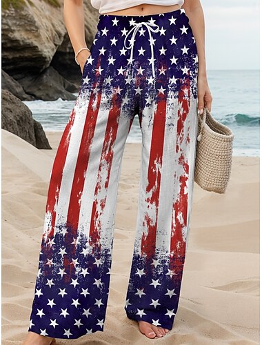  Unabhängigkeitstag Damen Patriotic Fourth of July Weite Chinos Baggy-Hosen Urlaub Vintage Mode Voller Länge Hochbundhose Grafik Flagge Kordelzug Druck Atmungsaktiv Weich Mikro-elastisch