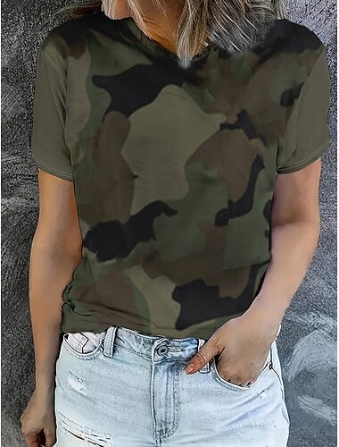  Dame T skjorte Sommertopper Grafisk Kamuflasje Farge Klassisk Fritid Kortermet Crew-hals Crop Tops Daglig Helg Trykt mønster Regnbue Sommer Vår Høst