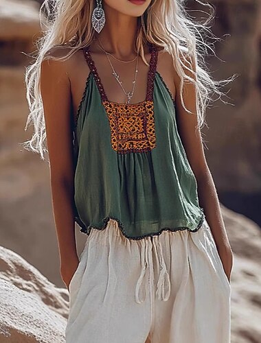  Damen Boho-Hemd Bluse Druck Blume Modern Lässig Boho Ärmellos V Ausschnitt Normale Oberteile Ferien Ausgehen Grün Sommer