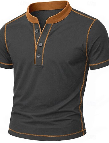  Herren Henley Hemd T-Shirt Kurze Ärmel Patchwork Mode Designer Basic Doppelte Schnur Kontrastnähte Farblich passende dekorative Linien Henley Urlaub Straße Lässig Sommer Ganzjahres Schwarz Blau Grau