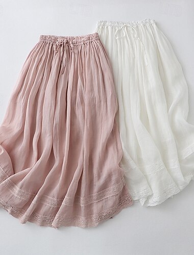  Dames Rok Linnen rokken Casual Maxi Medium taille Rokken Effen Trekkoord Micro-elastisch Vakantie Straat Wit Blozend Roze Zomer Linnen / katoenmix