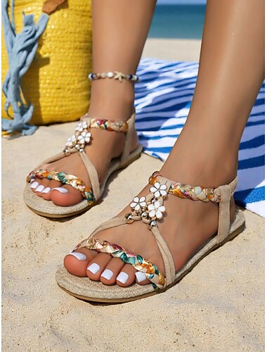 sandálias rasteiras femininas com tranças florais – sapatos de verão estilo boêmio com charme de margarida para praia, férias e uso casual