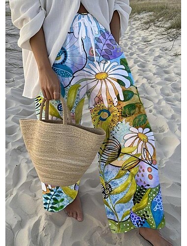  Damen Weites Bein Chinos Baggy-Hosen Urlaub Mode Hawaiianisch Volle Länge Hohe Taille Blumen Grafik Kordelzug Drucken Atmungsaktiv Weich Mikroelastisch Urlaub Straße Lässig Himmelblau und Weiß Wei