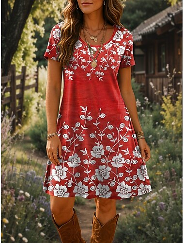  Damen Minikleid T-Shirt-Kleid A Linie Kleid Sommerkleid Urlaub Lässig Strand Täglich Ausgehen Strand Normale Passform Blumen Grafik Kurzarm Rundhalsausschnitt Rote Blau Purpur Grün Sommer Frühling