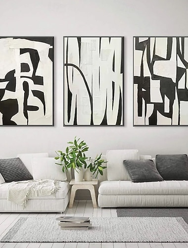  Zwart-wit olieverfschilderij handgemaakte wanddecoratie set van 3 abstracte schilderijen op canvas handgeschilderde textuur moderne wanddecoratie
