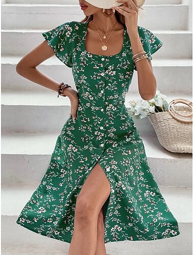  Damen Langes Kleid Maxikleid Hemdblusenkleid Freizeitkleid Blumenkleid Boho-Kleid Elegant Mode Sexy Schmetterling Outdoor Party Date Normale Passform Blumen Kurzarm Quadrathals Burgunderrot Blau Grün