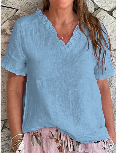  Dames katoenen linnen blouse effen kleur elegant casual korte mouw v-hals normale tops dagelijks vakantie ruches zwart wit geel roze blauw zomer lente