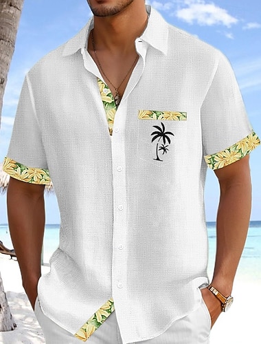  Herren Hemd Leinenhemd Sommerhemd Strandhemd Knopfhemd Kokospalme Ferien Alltagskleidung Weiß Rosa Himmelblau Grün Kurzarm Umlegekragen Sommer Bekleidung Fronttasche
