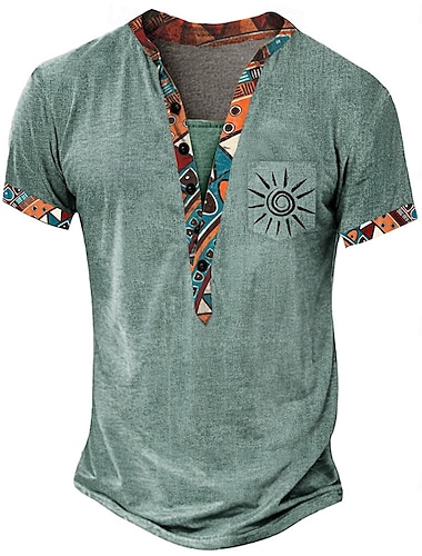  Homme Tribal Ethnique T-shirt Chemise Henley Manche Courte Designer Basique Ethnique Extérieur Occasionnel Quotidien Été Marron Vert Claire Kaki Henley T-shirt Henley