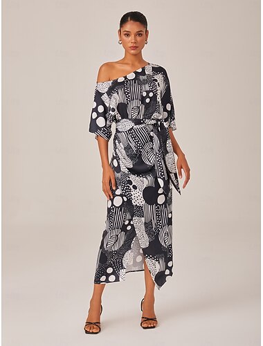  Damen Weiblich Freizeitkleid Langes Kleid Maxikleid Schwarz-Weiß Tupfen Abstrakt Asymmetrisch Sommer Geschlitzter Ausschnitt Kalter Schulter-Ausschnitt Urlaub Modern XS S M