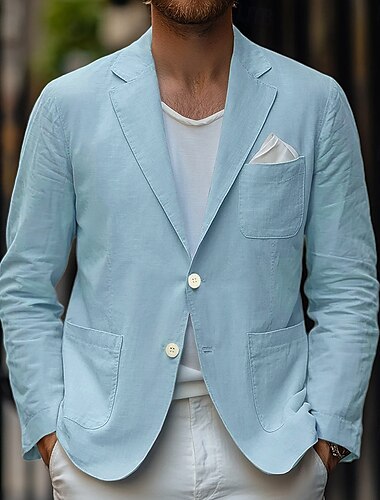  Herren Leinenblazer Sport Jacke Lässig Täglich Frühling & Sommer Baumwolle und Leinen Einfarbig Bequem Einreihig Zwei-Knopf Blazer Beige Hellblau