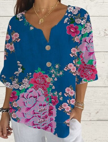  Dames Overhemd Zomer tops Bloemig Grafisch Klassiek Casual 3/4 mouw V-hals Normale tops Dagelijks Weekend Afdrukken blauw Zomer Lente Herfst