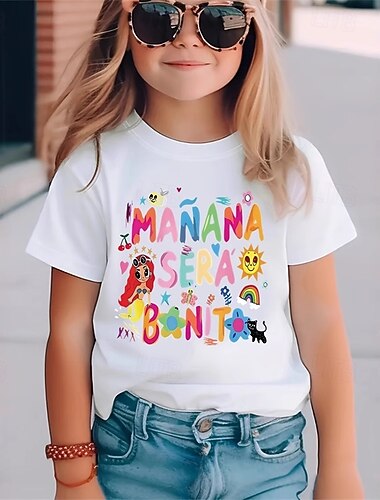  100% Coton Enfants Fille Blanche Rose Claire Dessin animé Lettres T-shirt Col Rond Manche Courte Extérieur Vacances Quotidien Classique Occasionnel Imprimé Été