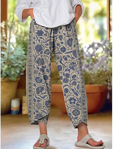  Femmes Chinos Pantalons Amples Shorts de plage Vacances ancien Style Ethnique Longueur cheville Taille haute Fleuri Graphique Patchwork Cordon de serrage Impression Chaleur Thermique Respirant Doux